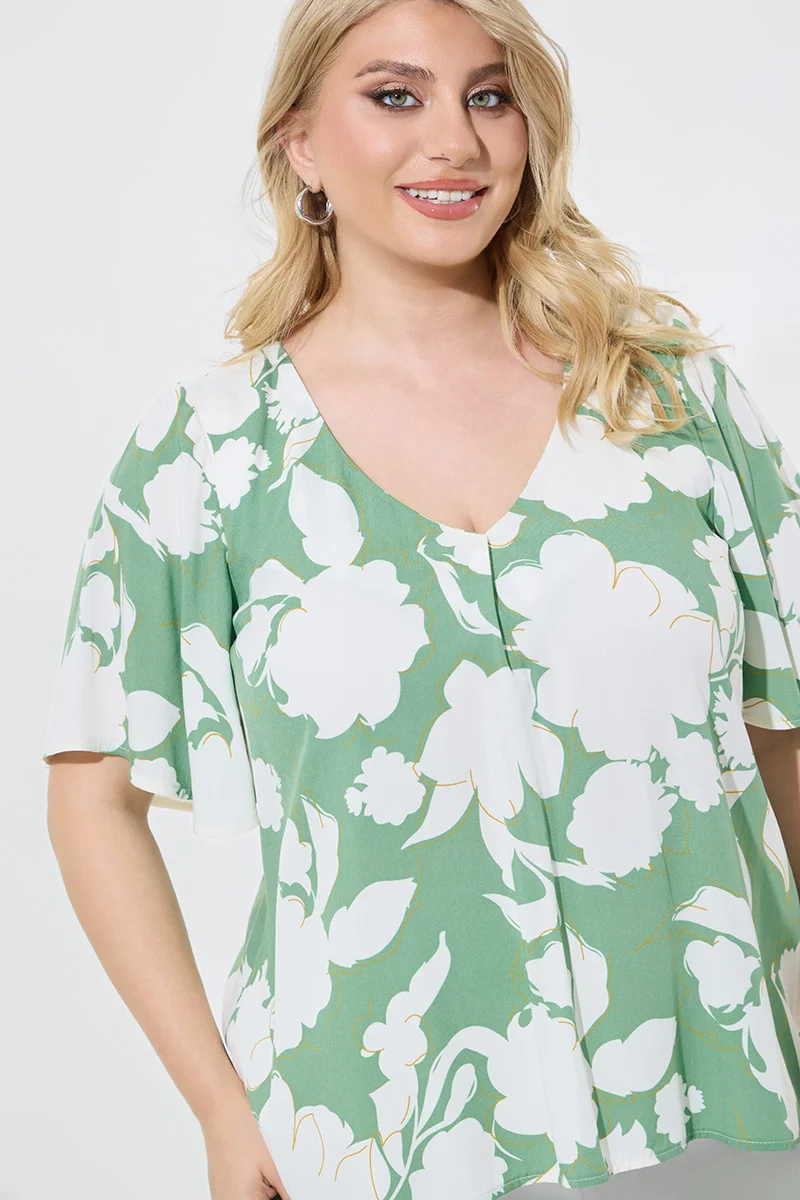 Floral Μπλούζα Βεαμάν Plus Size