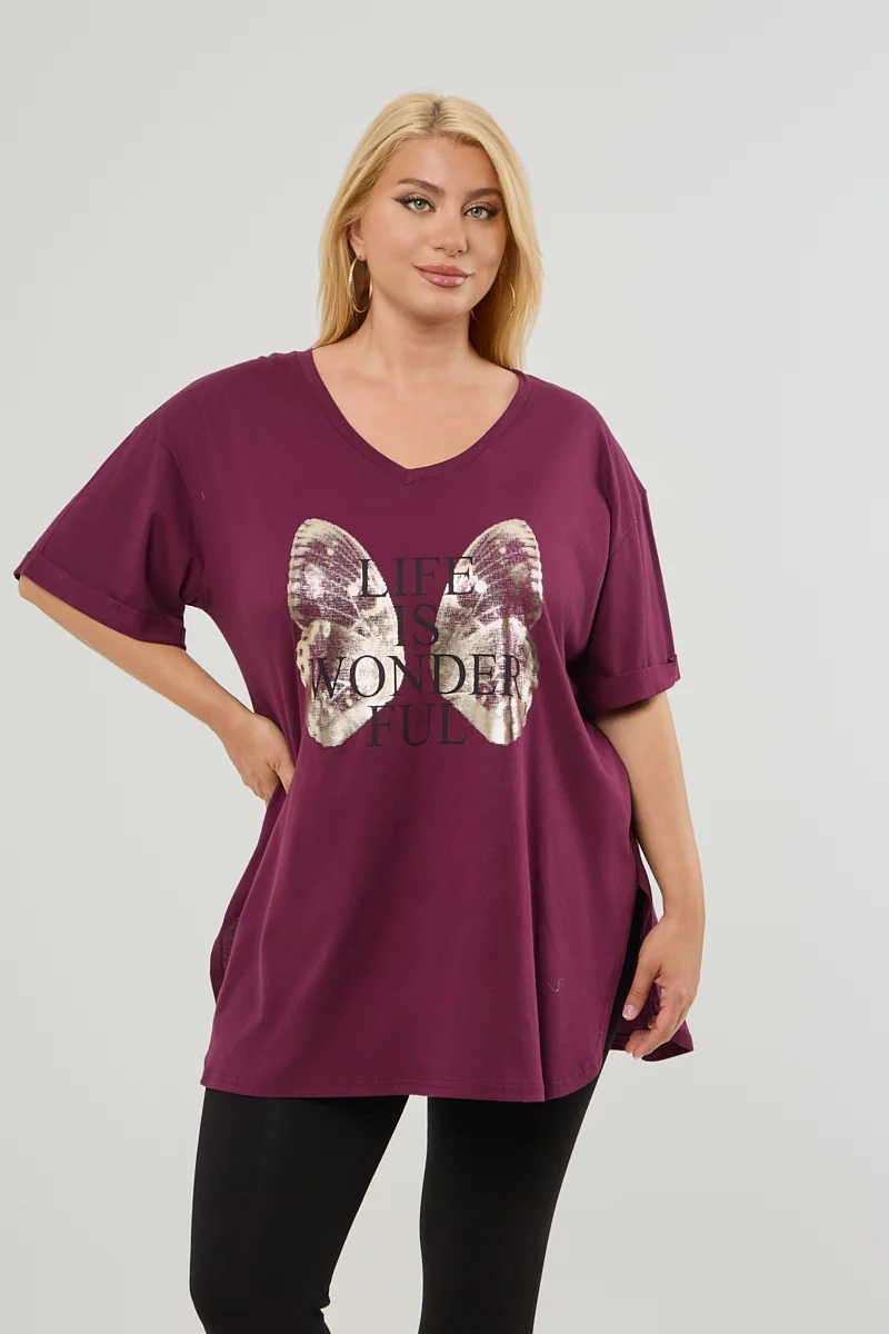 Μπορντό Plus Size T-Shirt Butterfly 