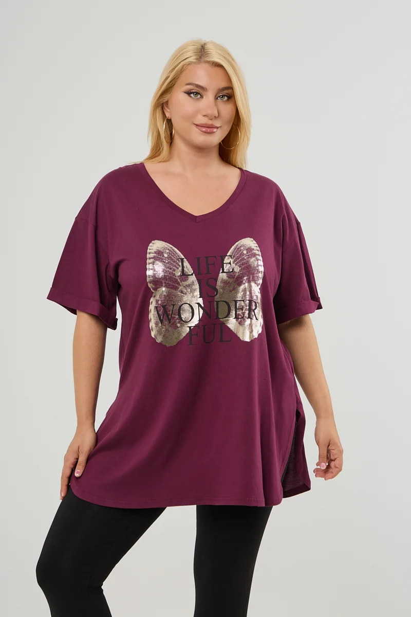 Μπορντό Plus Size T-Shirt Butterfly 