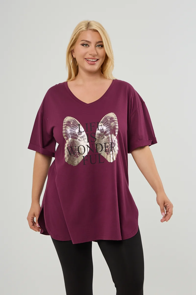 Μπορντό Plus Size T-Shirt Butterfly 