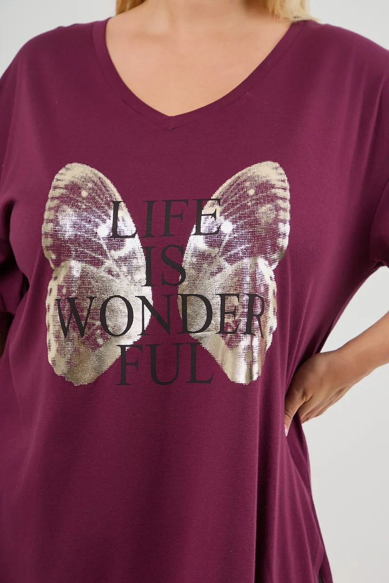Μπορντό Plus Size T-Shirt Butterfly 