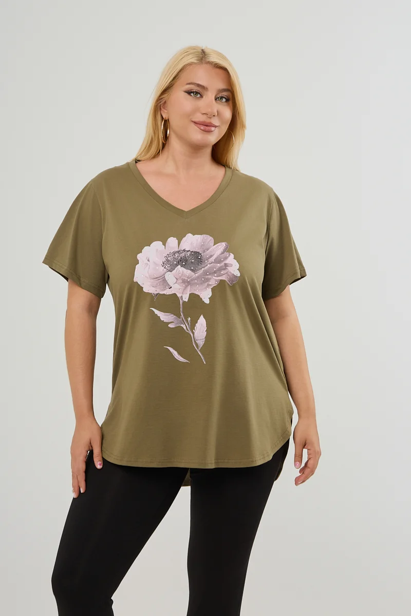 T-Shirt Χακί Με Στάμπα Και Στρας 