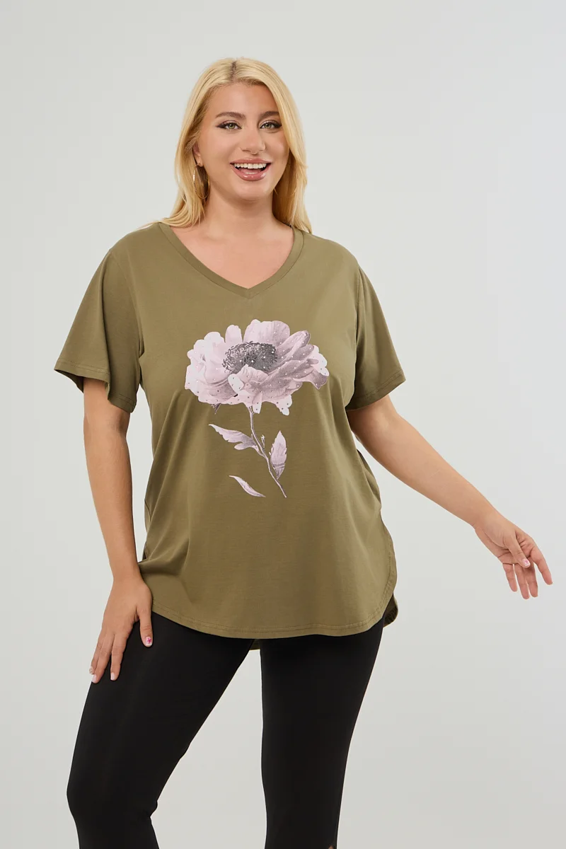 T-Shirt Χακί Με Στάμπα Και Στρας 