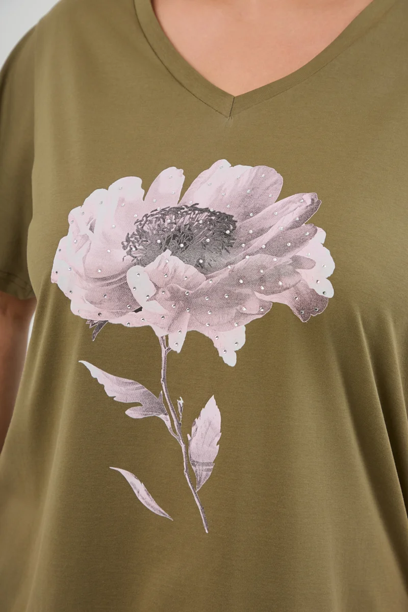 T-Shirt Χακί Με Στάμπα Και Στρας 