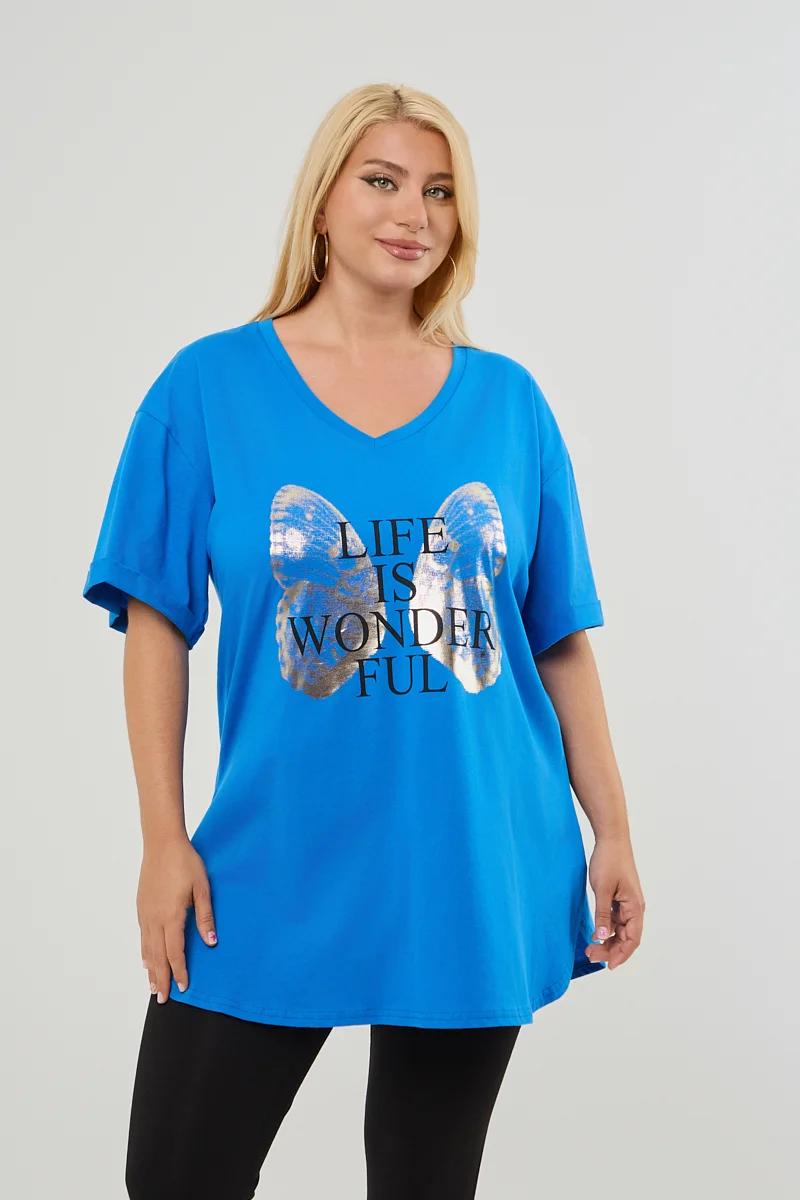 Μπλε Plus Size T-Shirt Butterfly 
