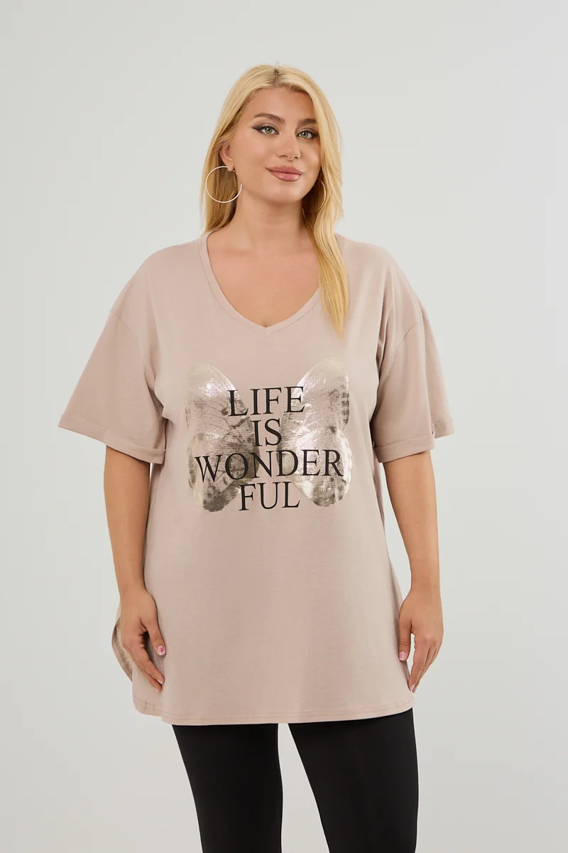 Μπεζ Plus Size T-Shirt Butterfly 