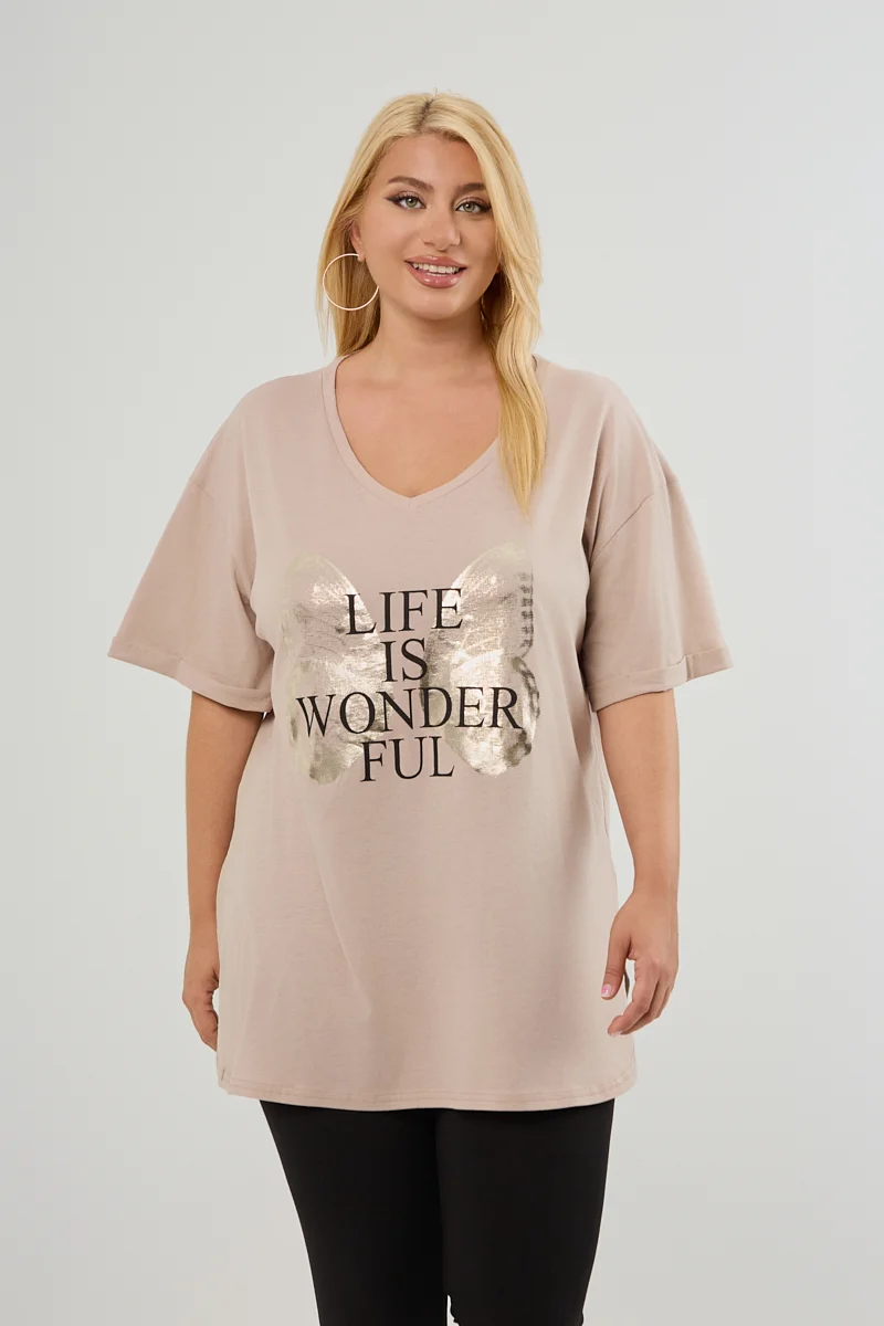 Μπεζ Plus Size T-Shirt Butterfly 