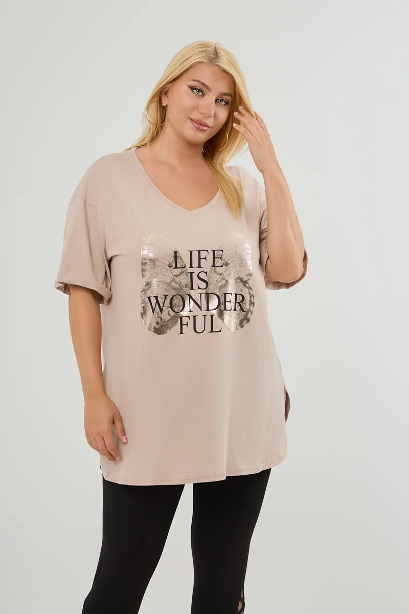 Μπεζ Plus Size T-Shirt Butterfly 
