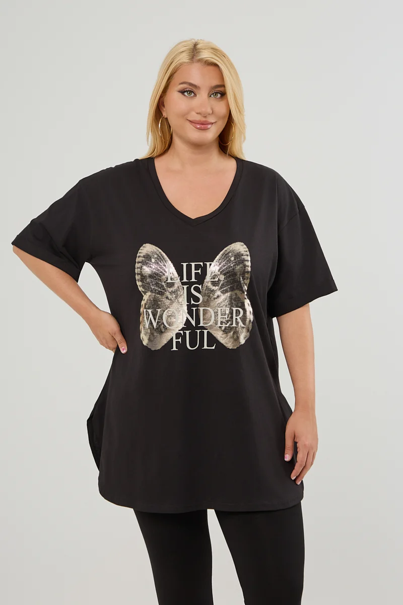 Μαύρο Plus Size T-Shirt Butterfly 