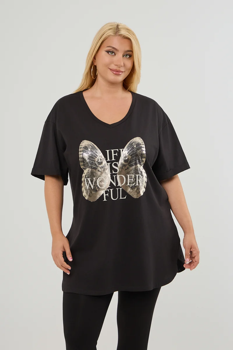 Μαύρο Plus Size T-Shirt Butterfly 