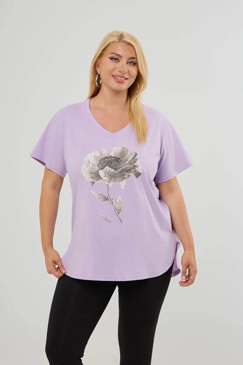 T-Shirt Με Στάμπα Και Στρας Λιλά