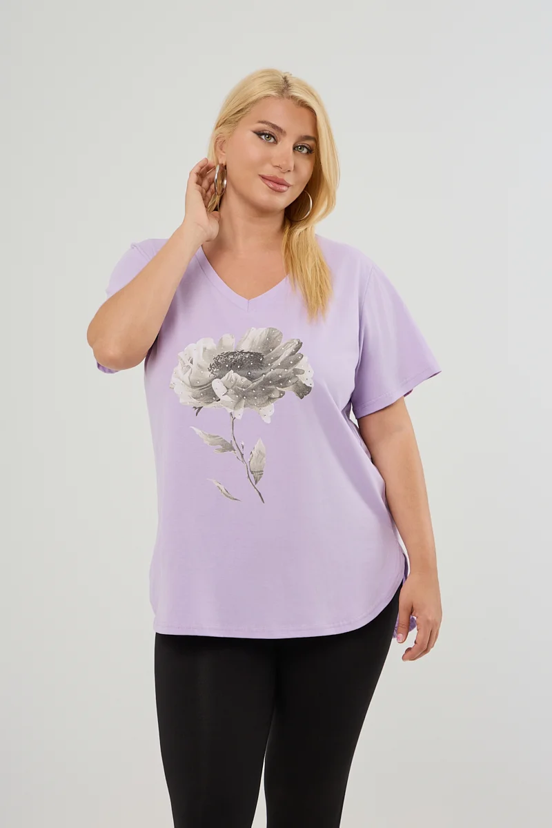 T-Shirt Με Στάμπα Και Στρας Λιλά