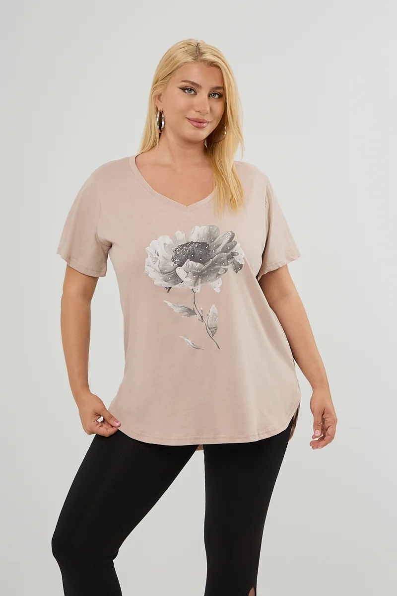 T-Shirt Με Στάμπα Και Στρας Μπεζ
