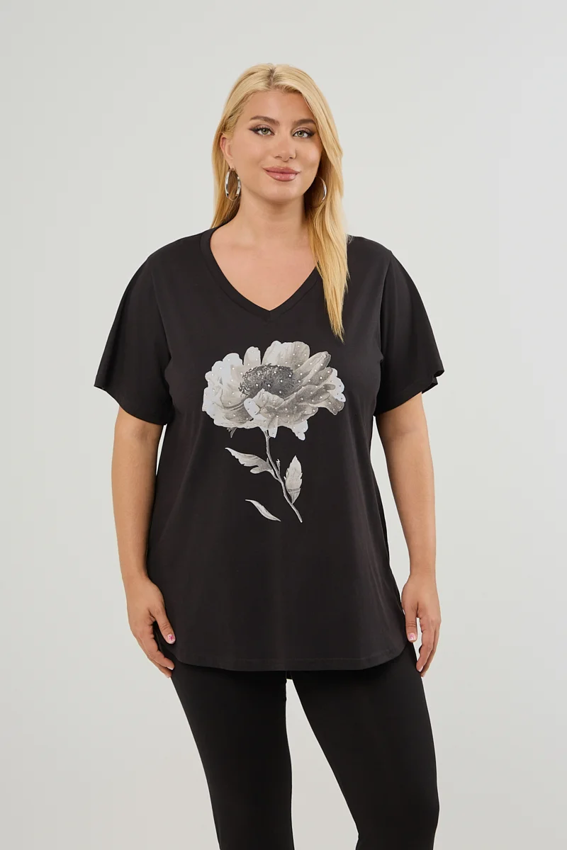 T-Shirt Με Στάμπα Και Στρας Μαύρη