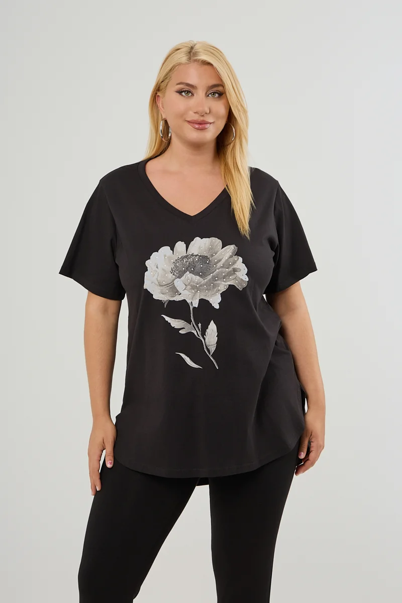 T-Shirt Με Στάμπα Και Στρας Μαύρη