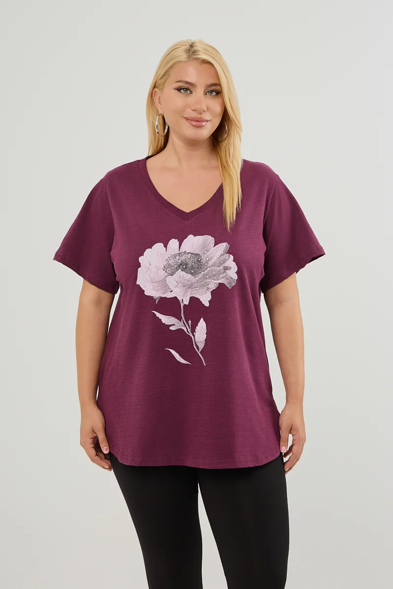 T-Shirt Με Στάμπα Και Στρας Μπορντό 
