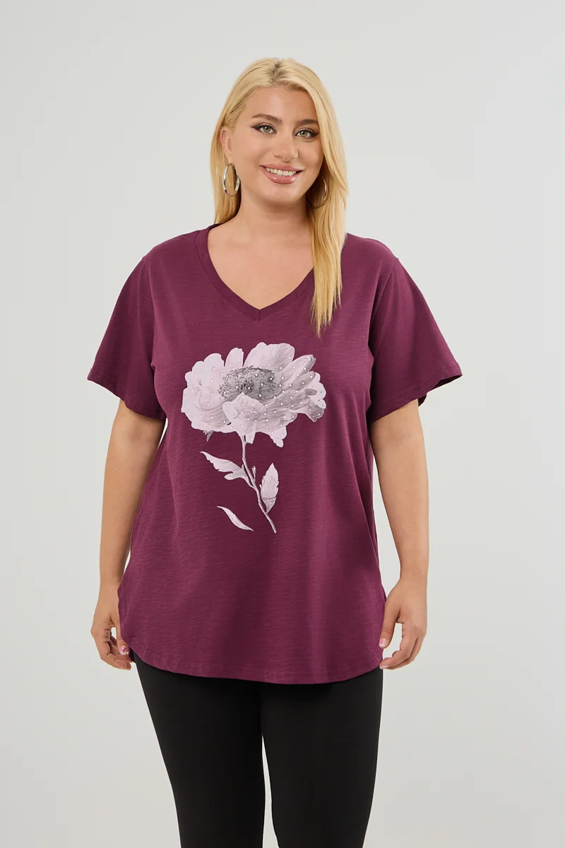 T-Shirt Με Στάμπα Και Στρας Μπορντό 