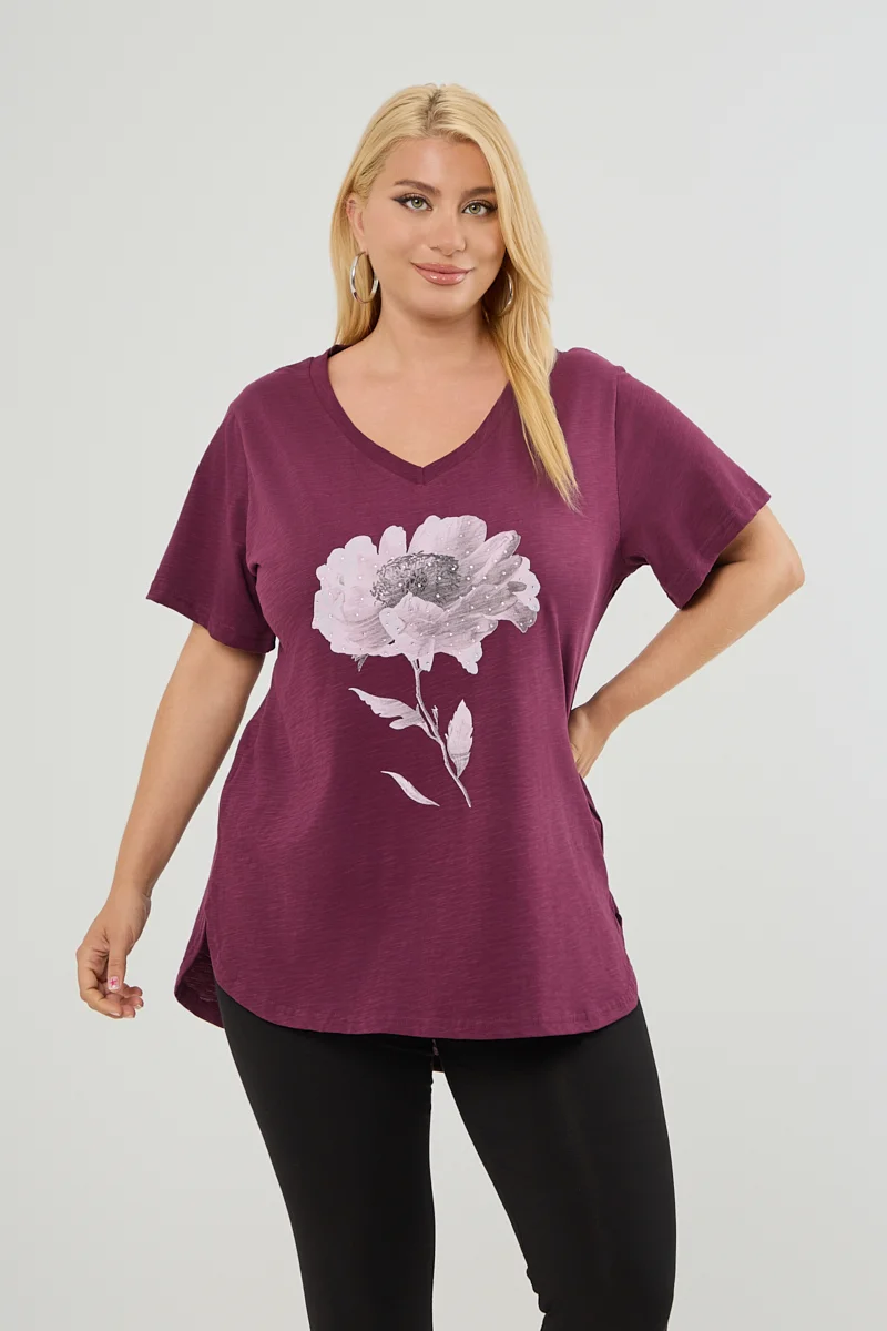 T-Shirt Με Στάμπα Και Στρας Μπορντό 