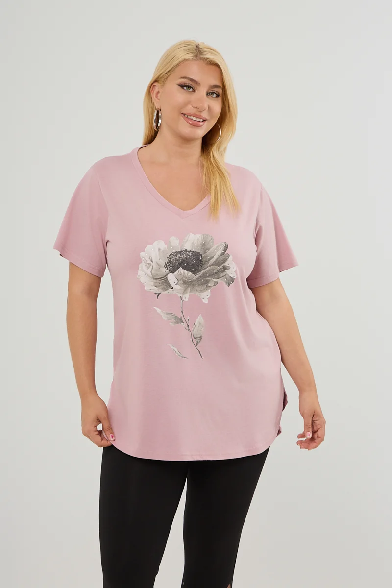 T-Shirt Με Στάμπα Και Στρας Σομόν