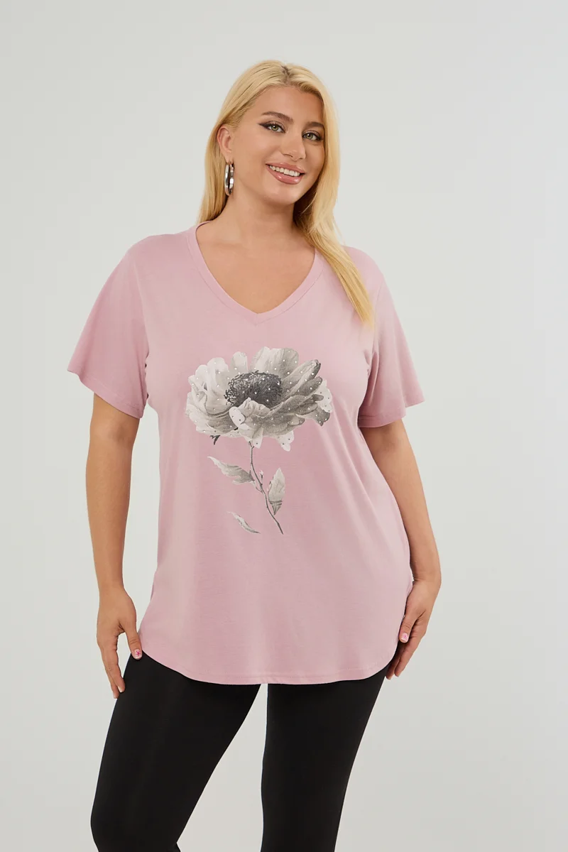 T-Shirt Με Στάμπα Και Στρας Σομόν