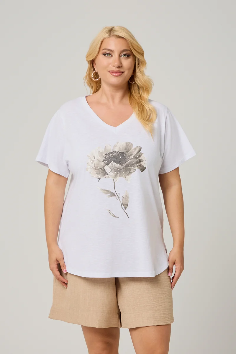 T-Shirt Λευκό Με Στάμπα Και Στρας 