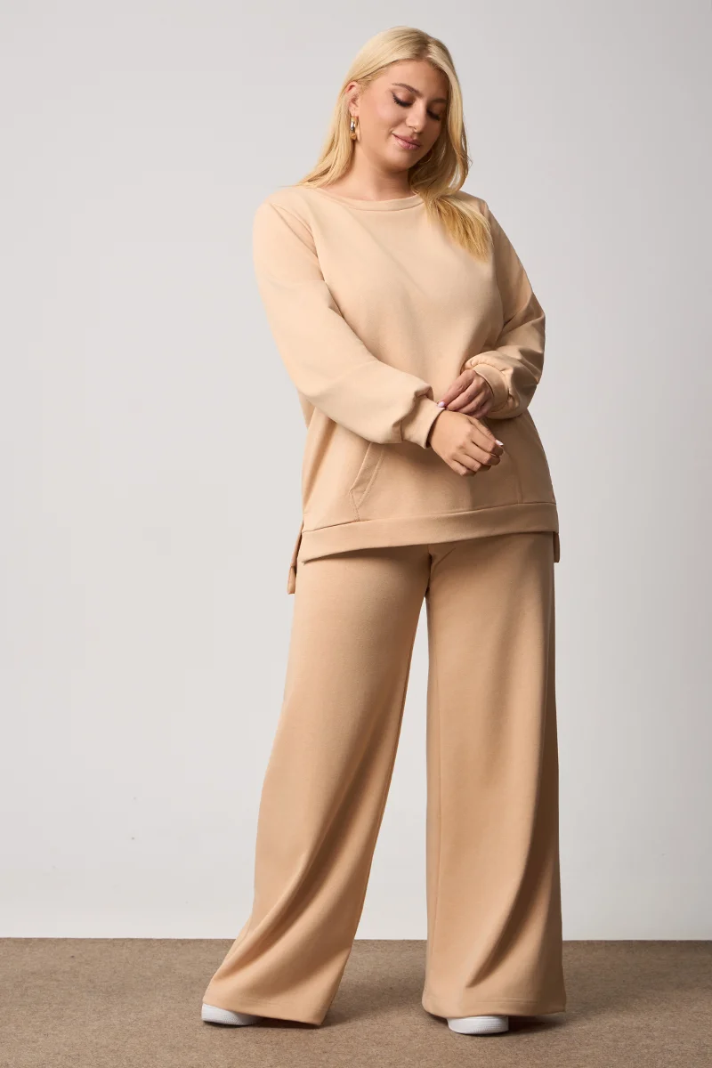 Plus Size Φούτερ με Τσέπη Μπεζ