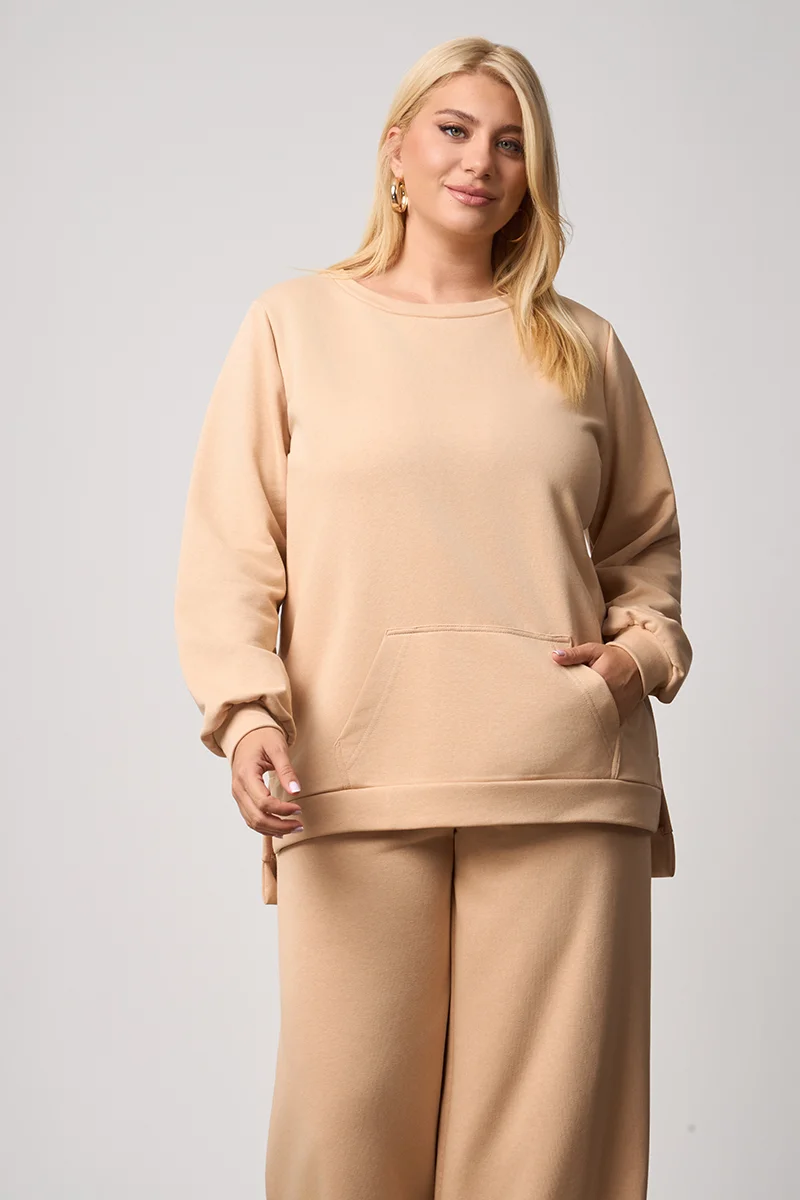 Plus Size Φούτερ με Τσέπη Μπεζ