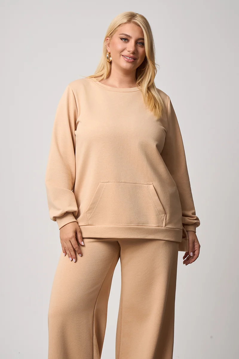 Plus Size Φούτερ με Τσέπη Μπεζ