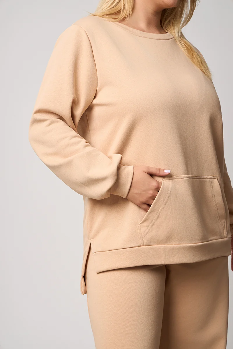 Plus Size Φούτερ με Τσέπη Μπεζ