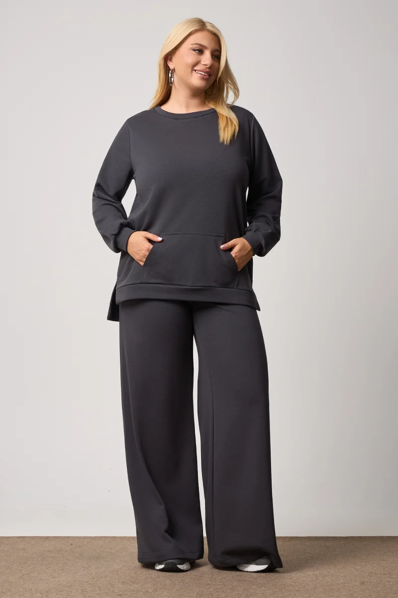 Plus Size Φούτερ με Τσέπη Ανθρακί