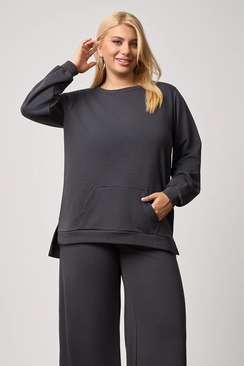 Plus Size Φούτερ με Τσέπη Ανθρακί