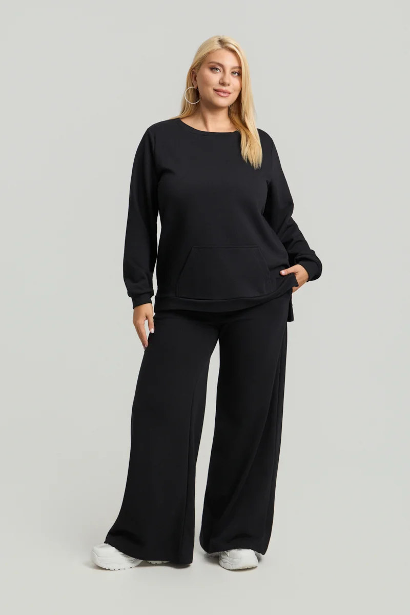 Plus Size Φούτερ με Τσέπη Μαύρο