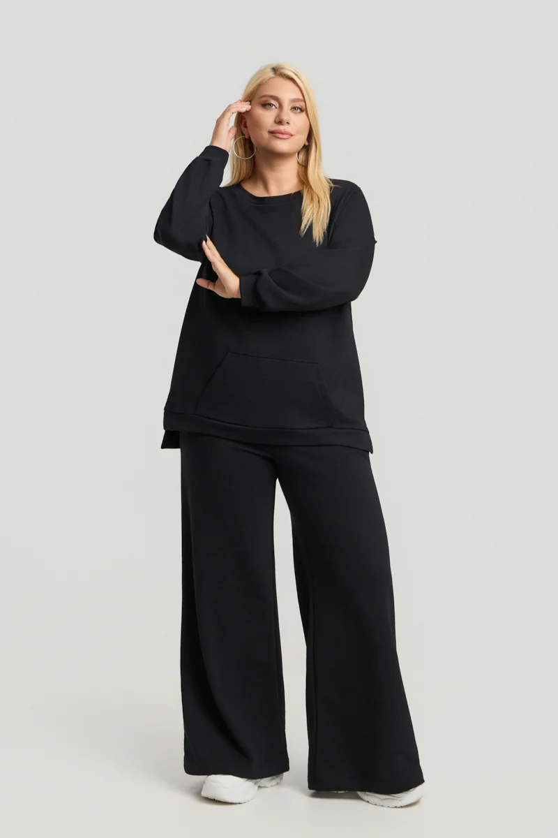 Plus Size Φούτερ με Τσέπη Μαύρο