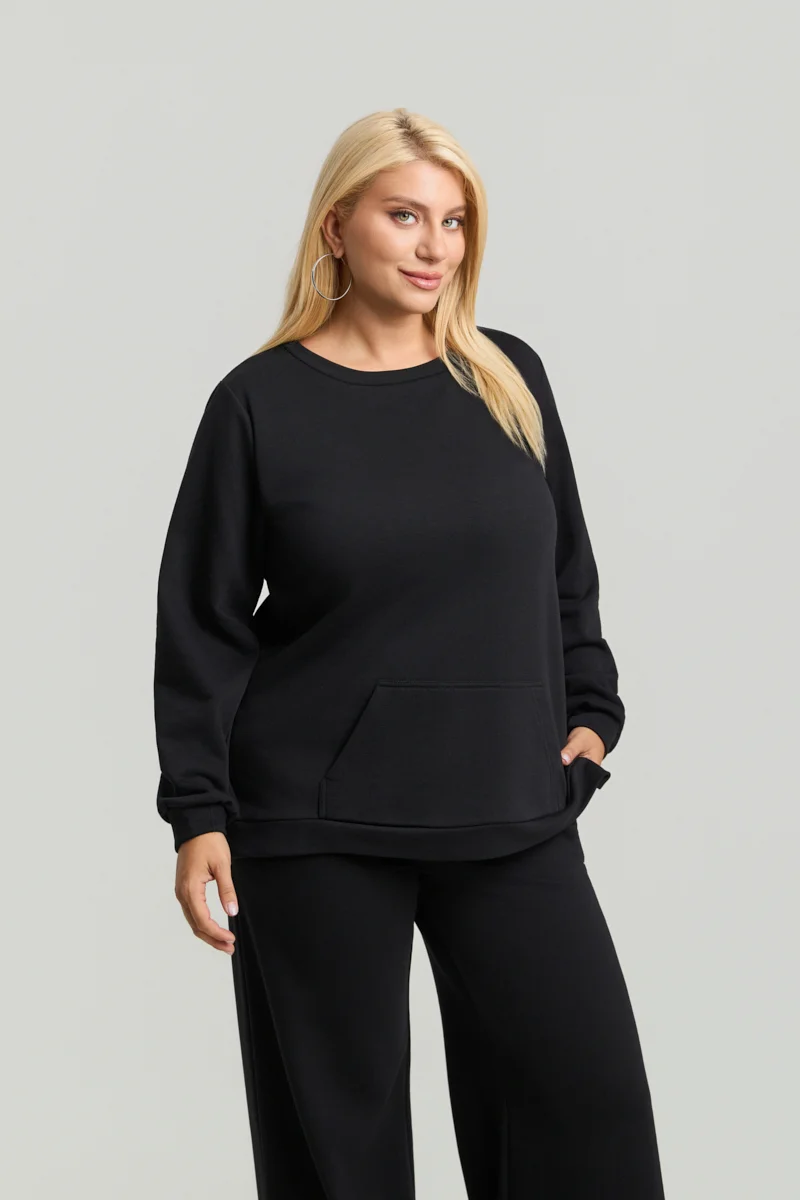 Plus Size Φούτερ με Τσέπη Μαύρο
