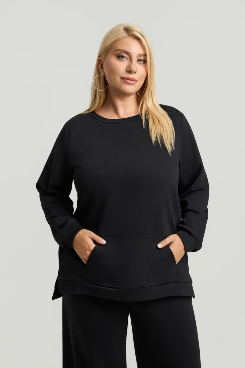 Plus Size Φούτερ με Τσέπη Μαύρο