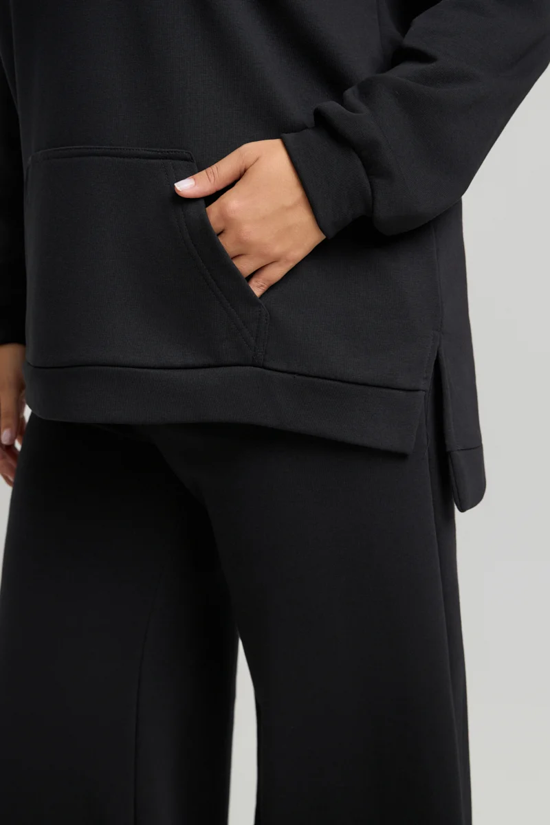 Plus Size Φούτερ με Τσέπη Μαύρο