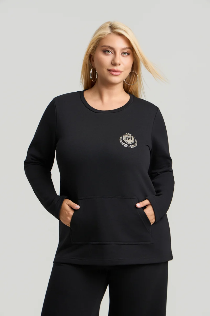 Μαύρο Plus Size Φούτερ με Τσέπη 