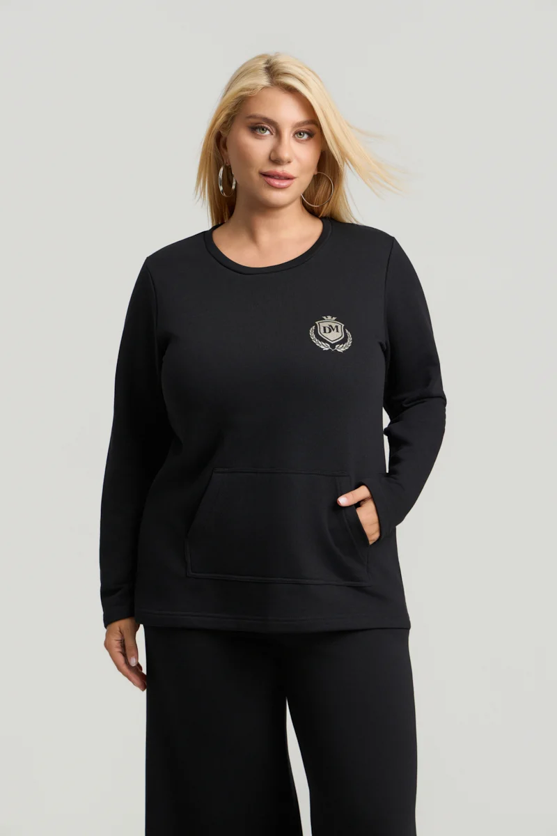 Μαύρο Plus Size Φούτερ με Τσέπη 