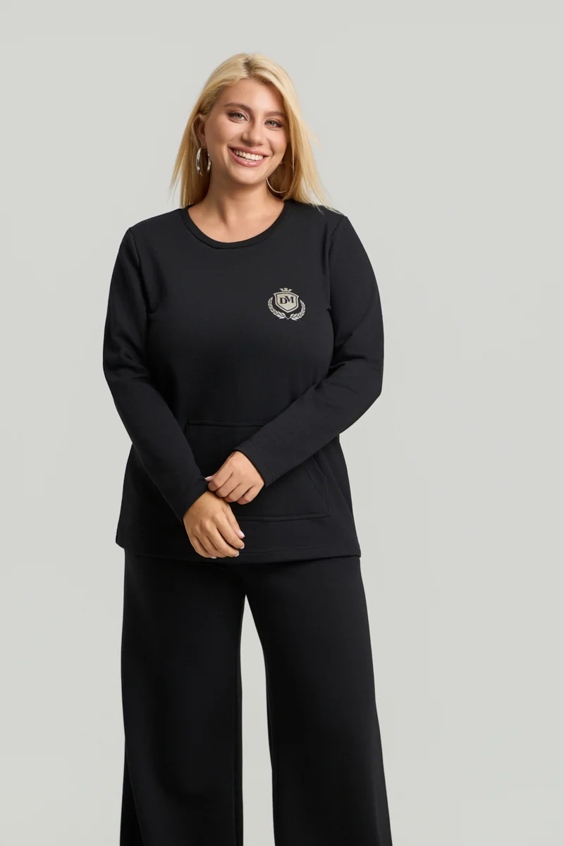 Μαύρο Plus Size Φούτερ με Τσέπη 