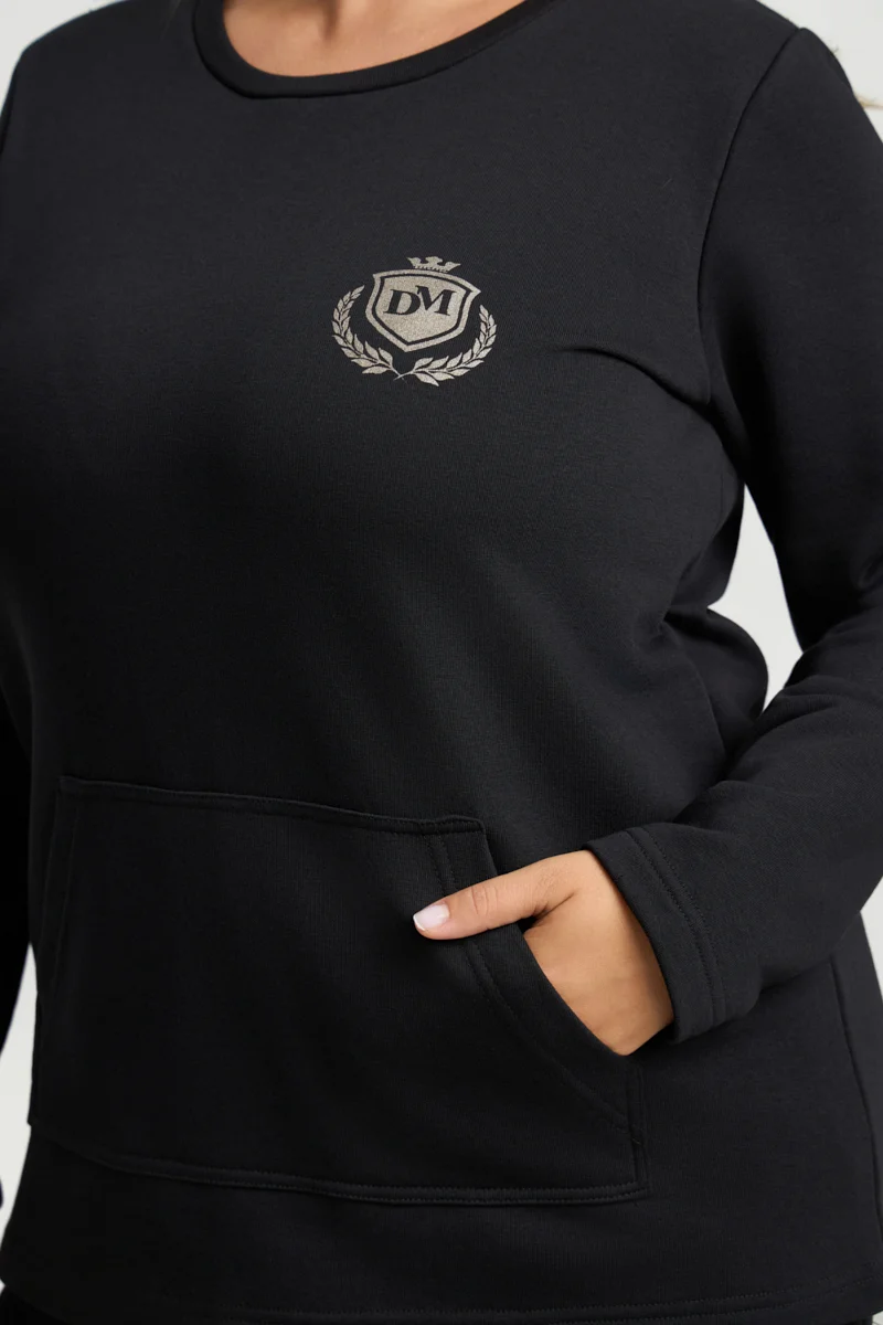 Μαύρο Plus Size Φούτερ με Τσέπη 