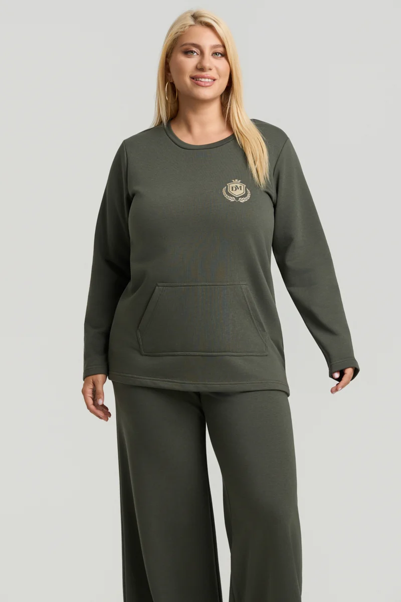Χακί Plus Size Φούτερ με Τσέπη 