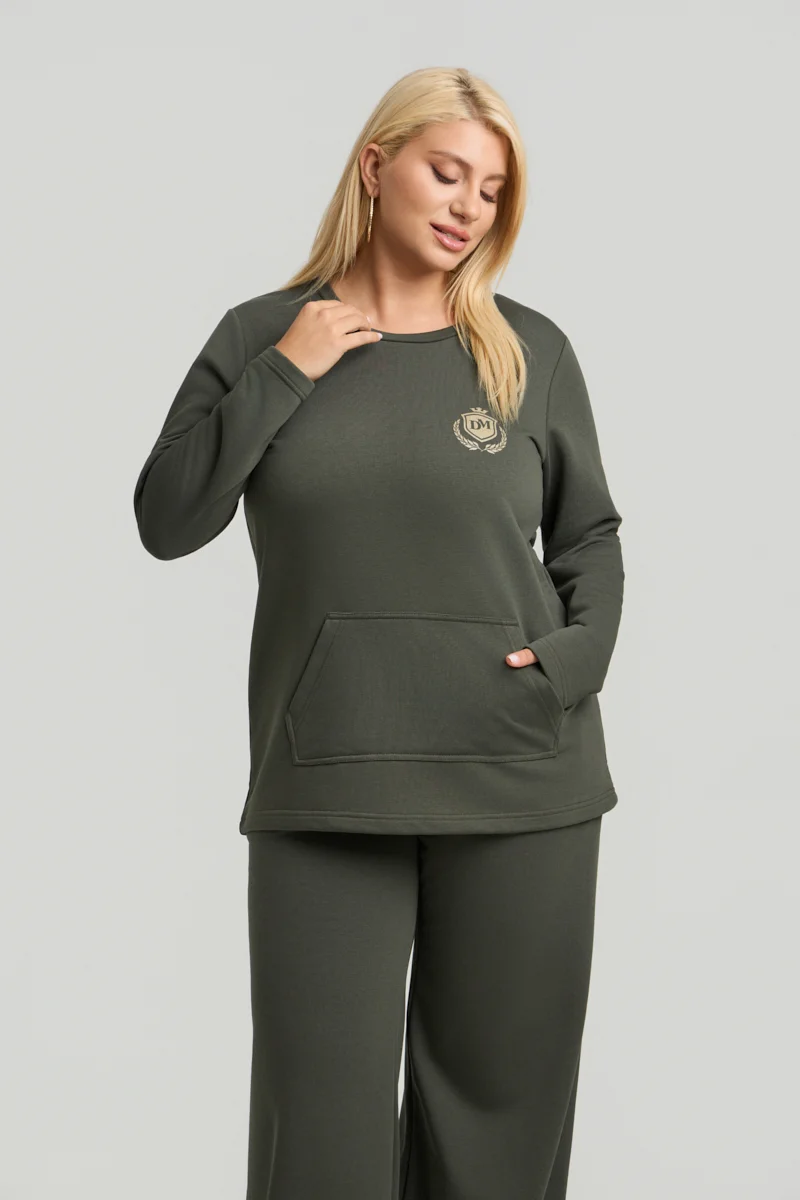 Χακί Plus Size Φούτερ με Τσέπη 