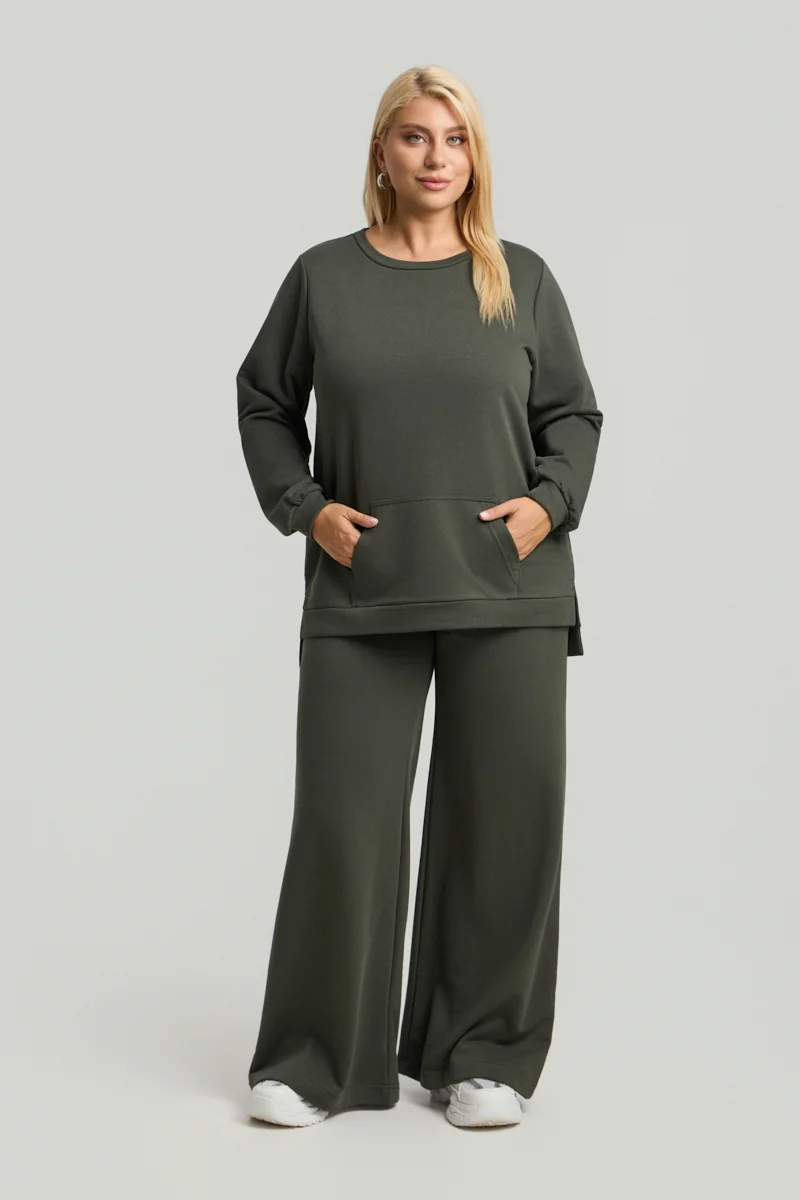 Plus Size Φούτερ με Τσέπη Χακί 