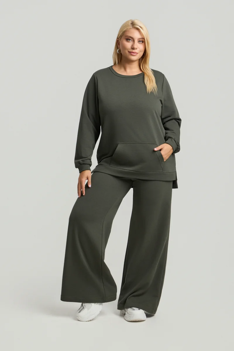 Plus Size Φούτερ με Τσέπη Χακί 