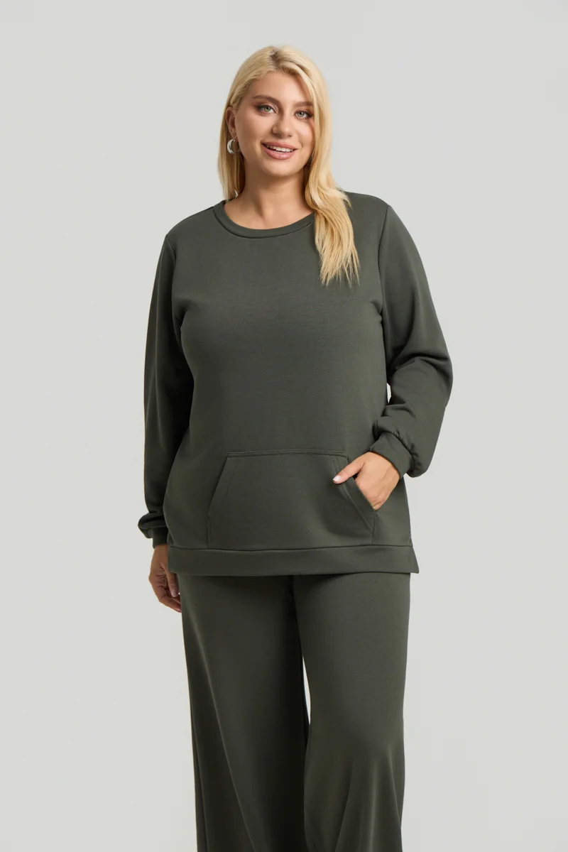 Plus Size Φούτερ με Τσέπη Χακί 