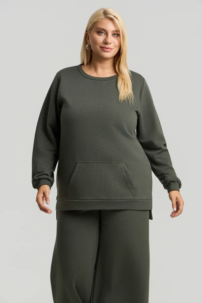 Plus Size Φούτερ με Τσέπη Χακί 
