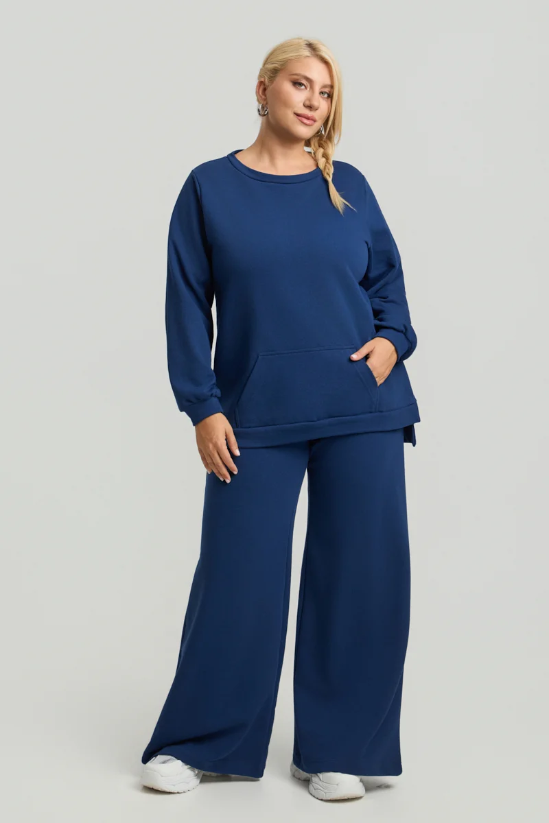 Plus Size Φούτερ με Τσέπη Μπλε