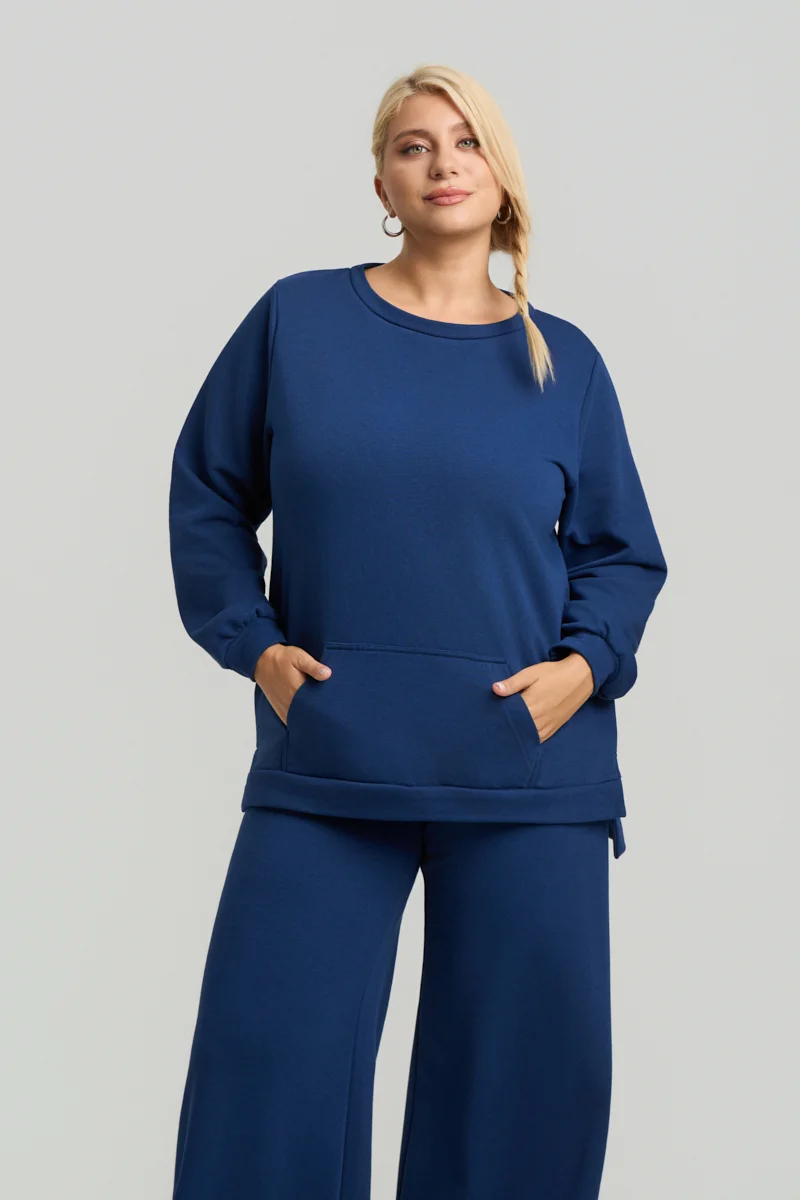 Plus Size Φούτερ με Τσέπη Μπλε