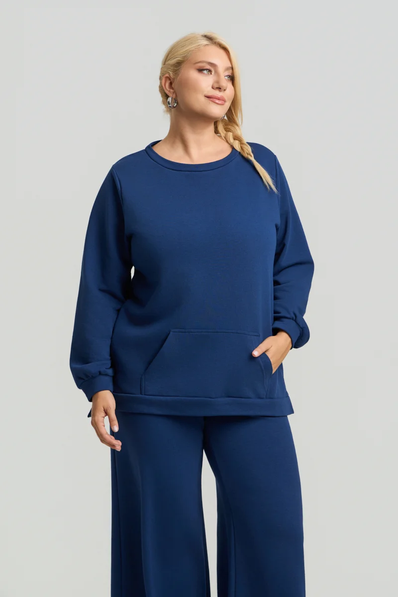 Plus Size Φούτερ με Τσέπη Μπλε