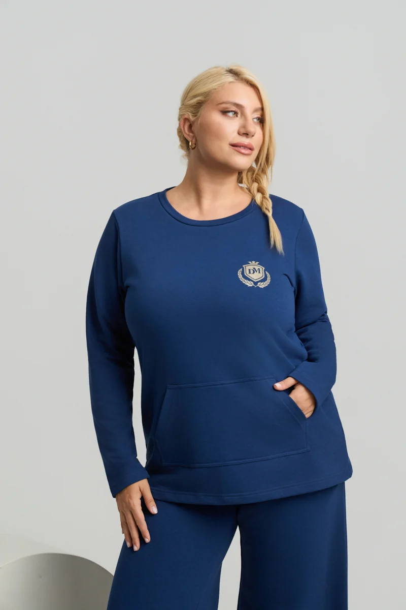 Μπλε Plus Size Φούτερ με Τσέπη 